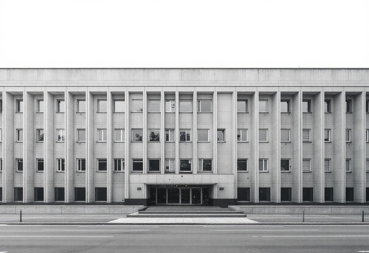 Fachada de edificio administrativo. Ritmo de ventanas y cornisa.