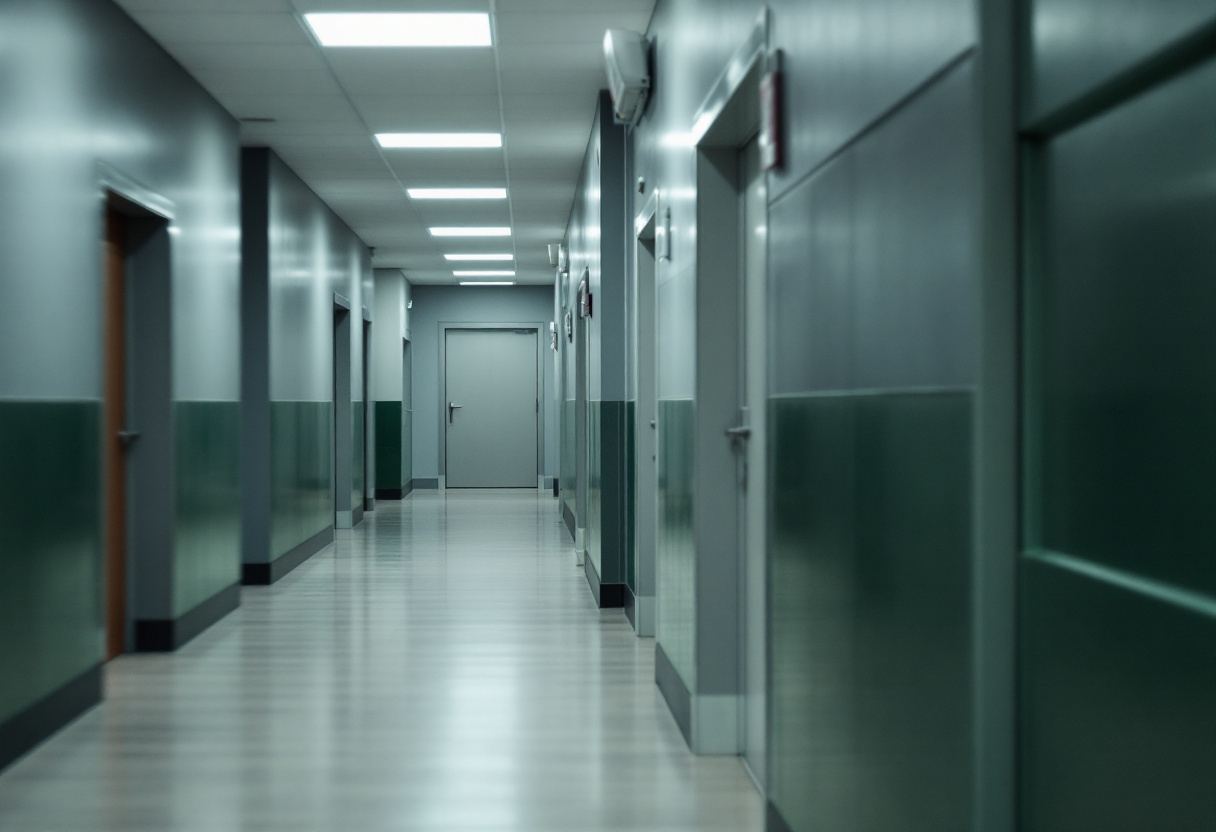 Corredor de edificio público. Puertas cerradas en perspectiva.