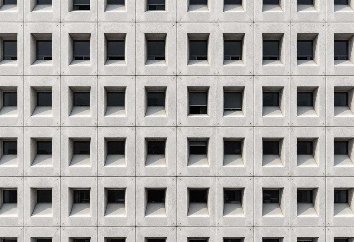 Fachada modernista, retícula de huecos idénticos en luz plana.