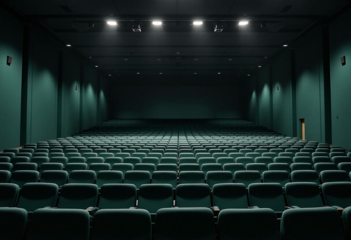 Auditorio vacío, butacas alineadas bajo luz cenital difusa.