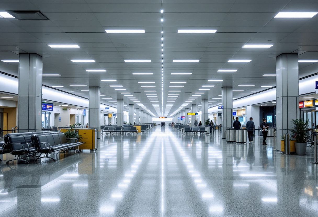 Terminal aeroportuaria vacía. Suelo pulido y luz uniforme.
